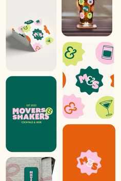 the logo for movers shakers and cocktails is shown in four different colors