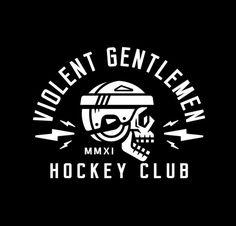 the logo for violent gentlemen hockey club, with a skull wearing a helmet and eye glasses