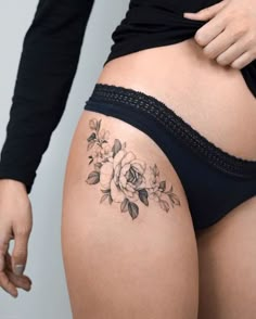 Hip Tattoo Meaningful, Rose Tattoos On Hip For Women, Small Hip Thigh Tattoos, Hip Flowers Tattoo, Peony Ankle Tattoos For Women, Hip Tattoos Women Floral, Medium Hip Tattoo, Small Floral Hip Tattoo, Hip Tattoos Flowers