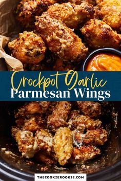 crockpot garlic parmesan wings in a slow cooker with dipping sauce