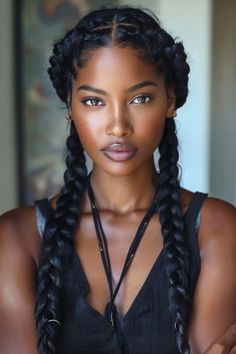 a woman with long black hair and braids on her head, looking at the camera