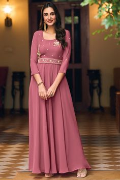 Pink Color Georgette Fabric Riveting Function Wear Gown Frock Images, Taupe Gown, Anarkali Lehenga Gowns, Iphone Red Wallpaper, Onion Pink, Mauve Taupe, Georgette Gown, Party Wear Gown