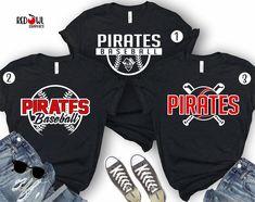 Personalized Pirates Baseball School Spirit T-Shirt Not all colors are available in youth sizes. Please check the color/size charts in photos. Sizes 4X and 5X are Gildan cotton tees. The perfect way to show your school spirit! This lightweight and super soft tee is everyone's favorite style. Size and color charts are available in the product photos. We do our best to accurately represent shirt colors by using actual photos but do understand that all monitors will display differently. Please cont Baseball Spirit Shirts, Pirates Spirit Shirt, Baseball Tshirt Designs Team Shirts, School Baseball Shirt Designs, Baseball Playoff Shirts, Cheap Tops With Baseball Collar For Team Spirit, Casual T-shirt With Heat Transfer Vinyl For Sports Events, High School Baseball Shirt Designs, Custom Print Crew Neck T-shirt For Baseball Season