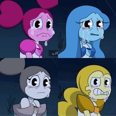 four cartoon characters with different expressions on their faces, one crying and the other crying