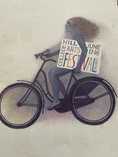 a drawing of a woman on a bike holding signs