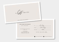 two business cards with the words gift for you written on them, both in black and white