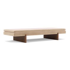 the bench is made out of wood and has a beige cushion on it's back