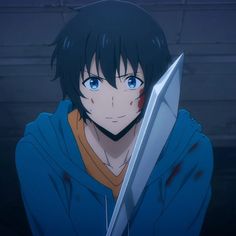 an anime character holding a large knife in his right hand and looking at the camera