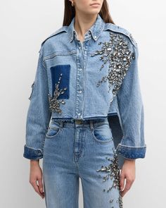 Hellessy Trinity Crystal High-Low Denim Collared Shirt | Neiman Marcus Crystal Embroidery, Denim Inspiration, Office Wear Women, Collared Shirt, Look Chic, Eminem, Collar Shirts