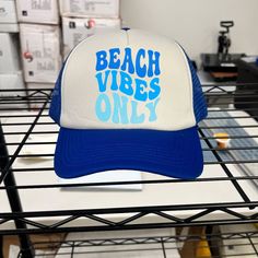 Beach Vibes Only Trucker Hat Elevate Your Style With High-Quality Hats, Shipped Fast! Adjustable Flat Brim Trucker Hat For Beach, Cricut Hat Ideas, Vinyl Hat, Preppy Hat, Hat Bar, Custom Trucker Hats, Hat Ideas, Quality Hats, Beach Camping