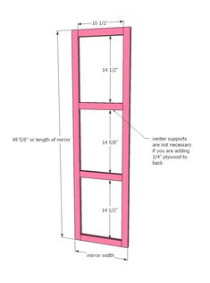 a tall pink shelf with measurements for the top and bottom section, including one door