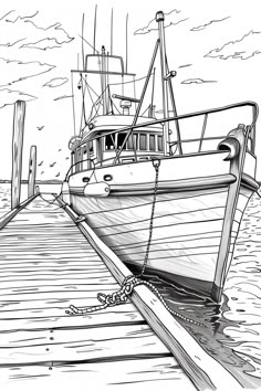 a drawing of a boat tied to a dock in the water with another boat docked at it's end