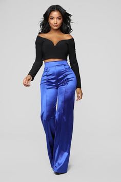 Blue Dress Pants Outfit, Dress Pants Outfit, Purple Pants Outfit, Satin Pants Outfit, Bright Blue Dresses, Pants Outfit Ideas, Dress Pants Outfits, Celana Fashion, Satin Clothes