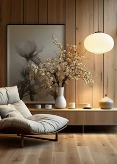 a living room with wood paneling and white vases on the table, along with a chaise lounge chair