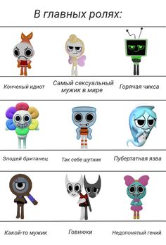 the different types of cartoon characters in russian and english, with their names on them