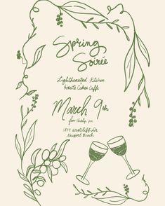 a green and white wedding card with wine glasses