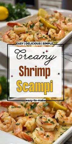 shrimp scampi with lemons and parsley on top in a white dish