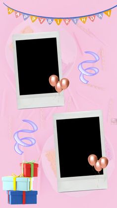 two polaroid frames with balloons and streamers on a pink background