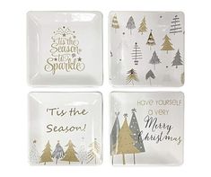 four square plates with christmas designs on them