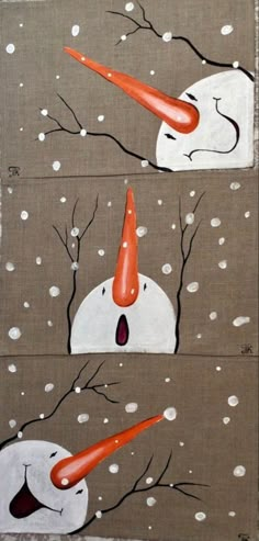 two paintings of snowmen with carrots in their mouths, one is white and the other is orange