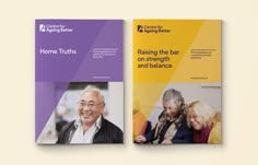 two brochures on the same page, one with an older man and woman