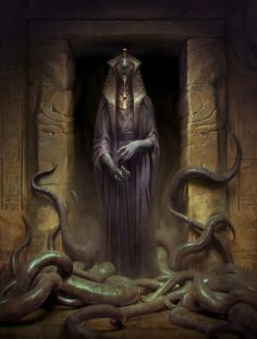 an egyptian pharaoh standing in front of some snakes and other things that are around him