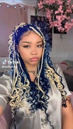 Purple And Blue Braids, Boho Feed In Braids Cornrows, Blue Boho Braids, Blue And Blonde Braids, Blonde And Blue Braids, Dark Blue Braids, Blue Braids For Black Women, Black And Blue Braids, Half Sew In Half Braids