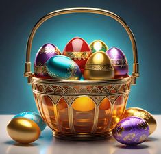 an easter basket filled with colorful eggs