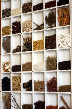 a wall filled with lots of different types of seeds and nuts in white boxes next to each other