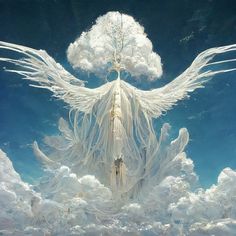 an image of a white bird flying through the sky with clouds in it's back