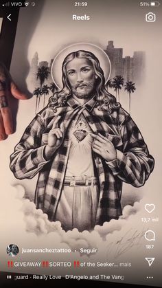 a drawing of jesus holding his hands in front of the camera with palm trees behind him