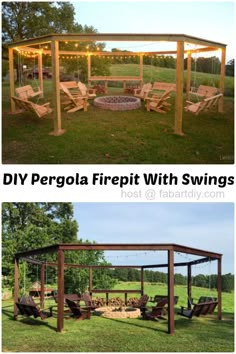 an image of a fire pit with swings in the grass and another photo of a swing set