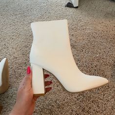 The Description Says 9. I Felt Like They Ran Small So Maybe An 8/8.5 Because They Don’t Fit Me. Never Worn Because They’re Tight On My Toes White Long Boots, White Ankle Boots, Christmas Dance, Dance Ideas, Classy Fits, White Boots, Bootie Boots, Red Dress, Ankle Boots