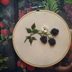 a close up of a embroidery on a table with fruit and plants in the background