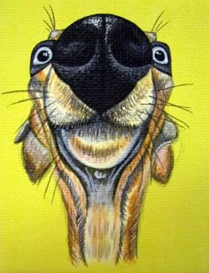 a painting of a dog's face with eyes and nose, on a yellow background