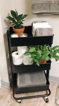 a shelf with towels, plants and toilet paper on it