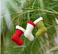 two christmas stockings hanging from a pine tree with green and red stocking on them