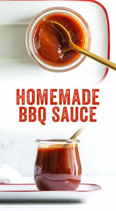 a spoon full of bbq sauce sitting on top of a plate next to a jar