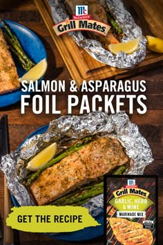 grilled salmon and asparagus foil packets are on the cover of grill mates magazine