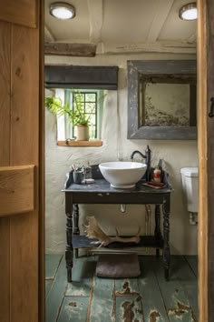 a bathroom sink sitting under a mirror next to a wooden door and window with potted plants on it