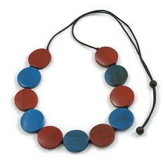 Maroon/ Blue Wood Button Bead Necklace with Black Cotton Cord - Adjustable - 90cm L A refreshing way to diversify your fashion jewellery collection! This beautiful long necklace features an alternated button-shaped bead design in blue and maroon colours, and decorated with a black cotton cord. The necklace approx. 90cm long and an easy-to-wear, no fastening so can be slipped over the head. There is an extra sliding, wooden bead, so you can adjust the length. A great way to add some femininity to any outfit! Murzana offers a great selection of fashion and costume jewellery: affordable everyday necklaces, chokers, bracelets, bangles, armlets, rings, earrings, brooches, hair jewellery and other accessories. We invite you to check our whole range and decide on your favourite items by adding th Outfit Maroon, Neck Necklace, Cord Necklaces, Everyday Necklaces, Necklaces Long, Hair Jewellery, Long Necklaces, Blue Wood, Costume Jewelry Necklaces