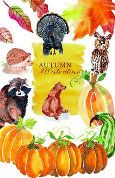 an autumn card with animals and pumpkins