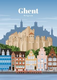 an illustrated cityscape with the name ghent in english on it's side