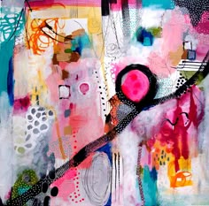 an abstract painting with lots of different colors and shapes, including black scissors on top of it