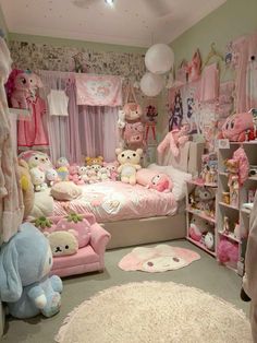 a bedroom with teddy bears and other stuffed animals on the walls, carpeted in pink