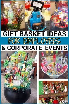 gift basket ideas for employees and corporate events with images of gifts in baskets on display