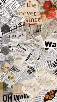 a collage of newspapers with flowers and butterflies