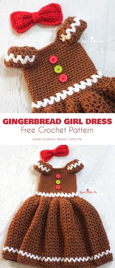 crocheted gingerbread girl dress is shown in three different sizes