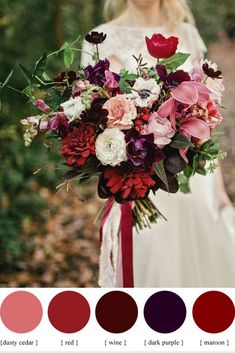 a woman in a white dress holding a red and purple bouquet with different shades to choose from