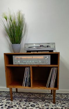 a record player sitting on top of a wooden shelf next to a potted plant